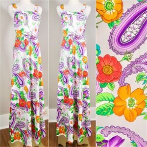 Vintage 1970s Flower Power Dress Paisley Rainbow Groovy Retro 70s 60s Medium M